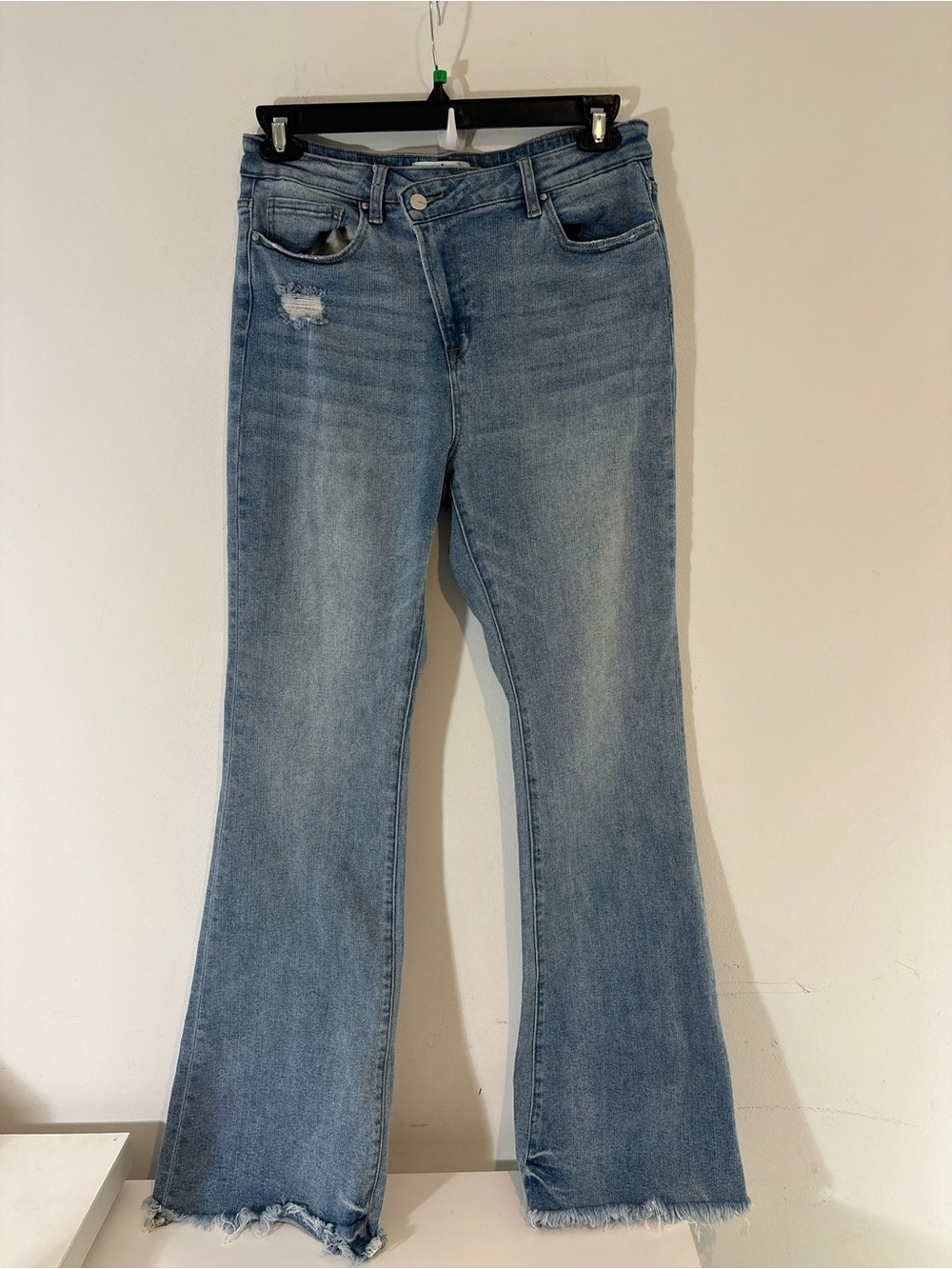 Mica Women Size 30 High Rise Flare Criss Cross Light Blue Denim Jeans Raw Hem